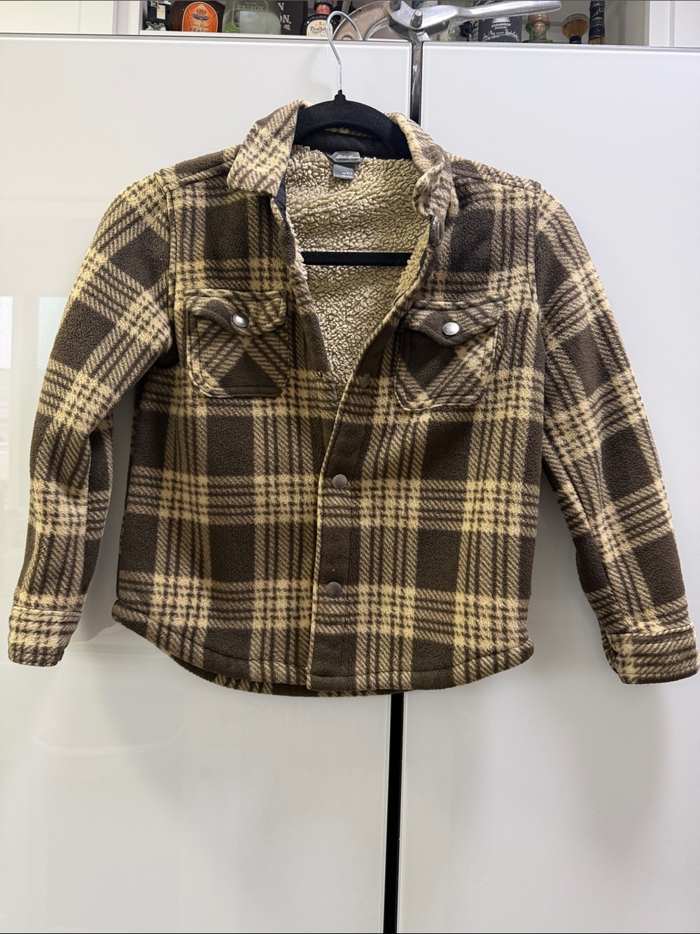 Eddie Bauer Brown and Cream Plaid Sherpa-Lined Jean Jacket